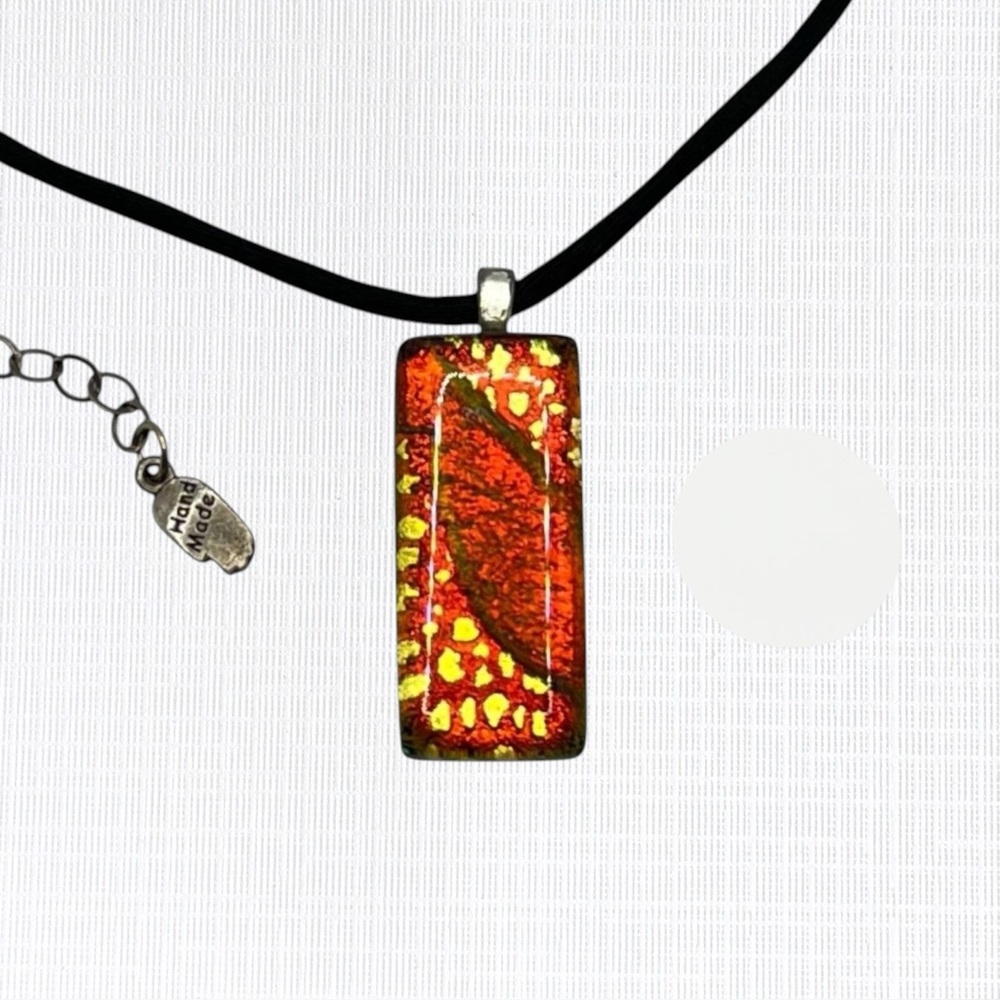 Dichroic Glass Pendant Necklace Red Orange Iridescent Fused Artisan Boho Shimmer